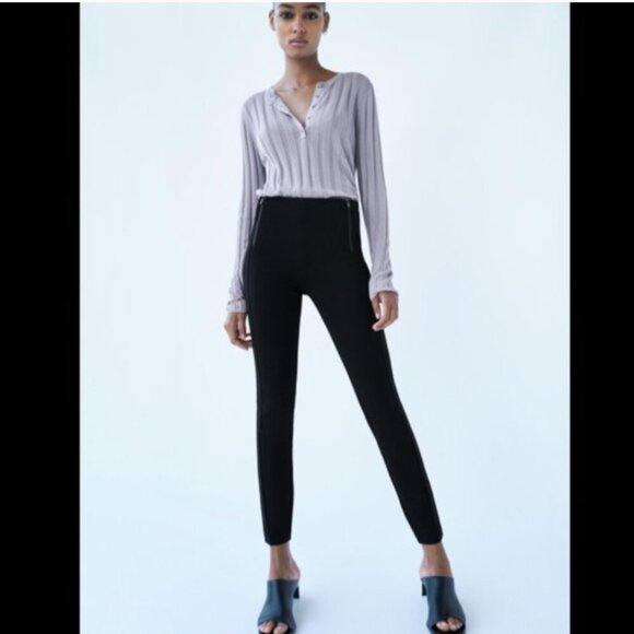 ZARA STRETCH BLACK ZIPPERED MID-RISE LEGGING PANT TROUSERS Sizes XS, S NWT - Picture 8 of 12